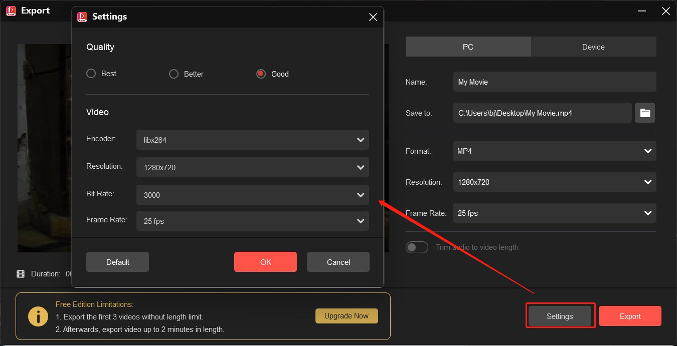 In MiniTool MovieMaker’s Export window, click the Settings button to adjust the video quality, resolution, bitrate, and frame rate, and click OK and click the Export button to save the video file