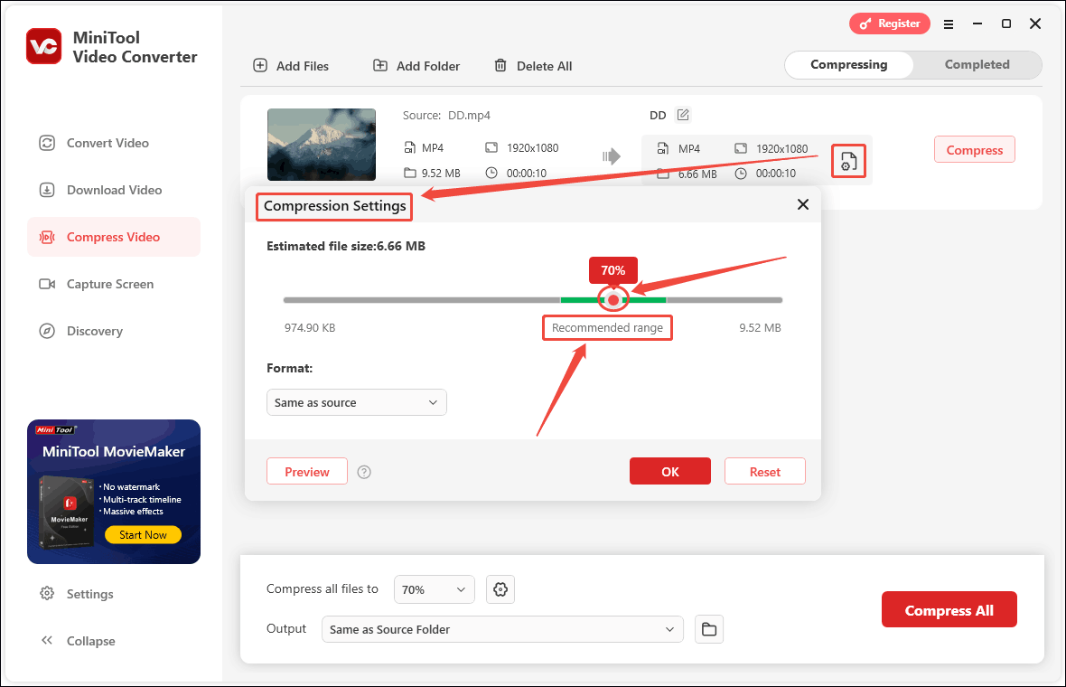 Drag the red dot to adjust the compression level in MiniTool Video Converter’s Compression Settings