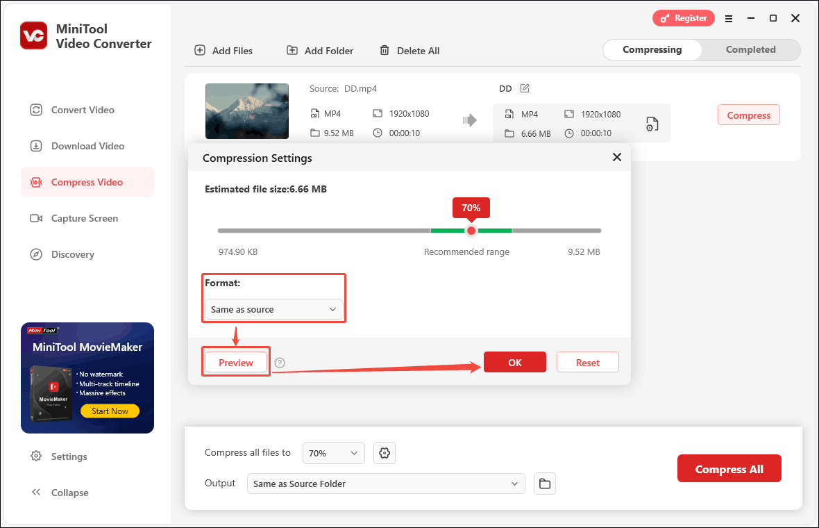 In MiniTool Video Converter’s Compression Settings, select the output format in the drop-down menu, click the Preview button to preview the compressed video, and click on OK
