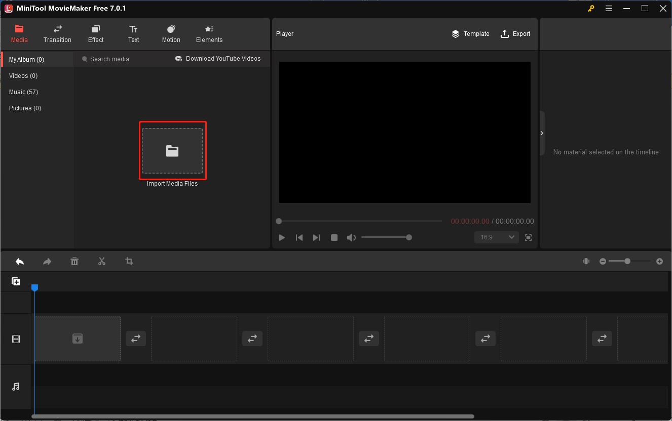 Click the Import Media Files area to import a video and click the plus icon on the video file to add it to the time timeline in MiniTool MovieMaker