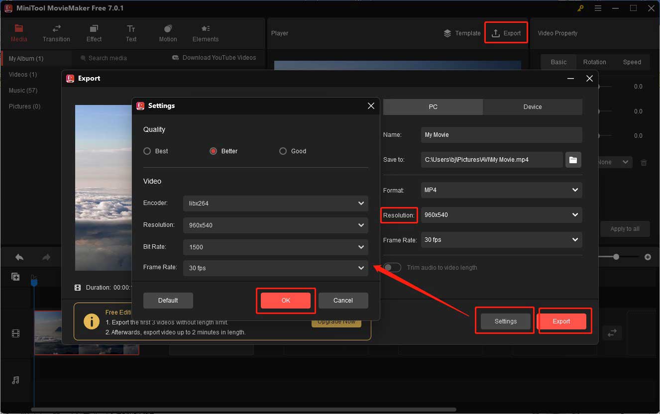 In MiniTool MovieMaker, click the Export icon and expand the Resolution dropdown to choose a lower resolution. Or click the Settings button, change the video quality, bitrate, and other parameters