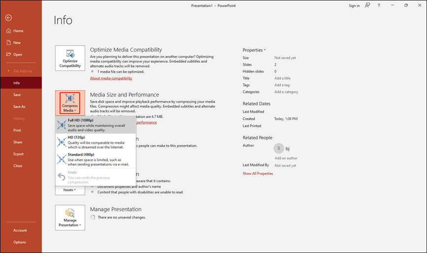 Click the Compress Media option to choose from Full HD (1080p), HD (720p), and Standard (480p) in Microsoft PowerPoint