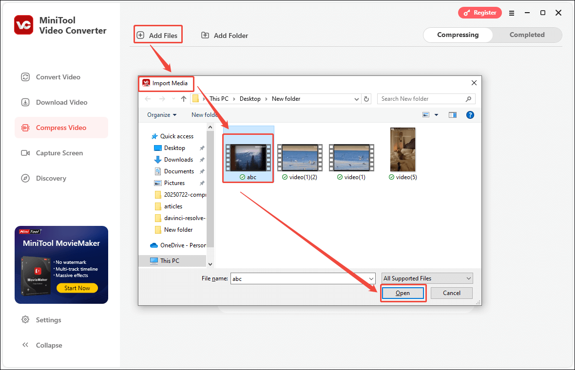 Click the Add Files, choose the files you want to compress, and click the Open button in the Import Media window of MiniTool Video Converter