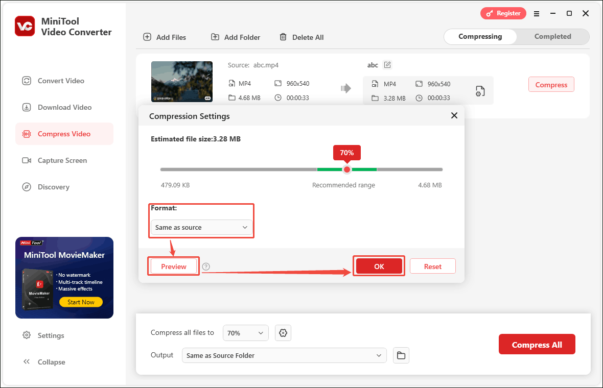 Adjust the output format of the compressed video, preview the compressed video quality, and click the OK button in MiniTool Video Converter Compression Settings