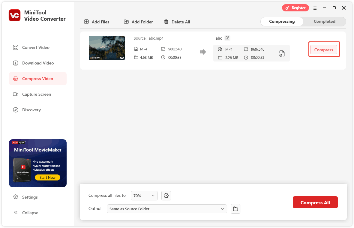 Click the Compress button to start the video compression in the main interface of MiniTool Video Converter