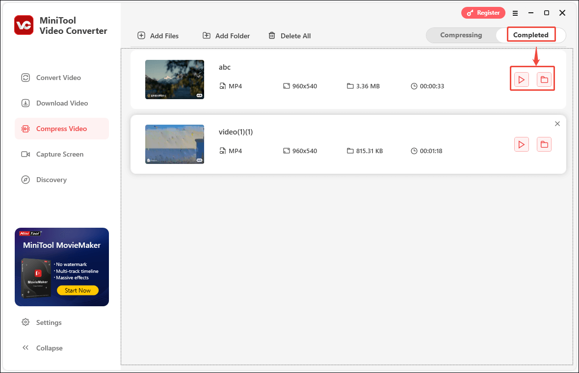 Click the play icon to check the video and click the folder icon to view the video in its storage location under the Completed tab