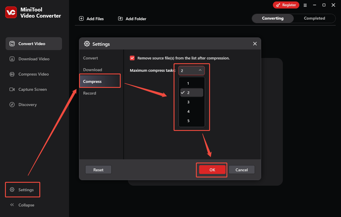 Set the maximum compression tasks in the Settings window of MiniTool Video Converter
