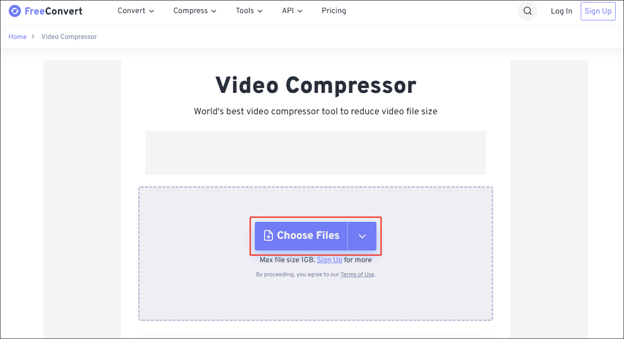 Click on Choose Files in FreeConvert Video Compressor to import your VOB videos