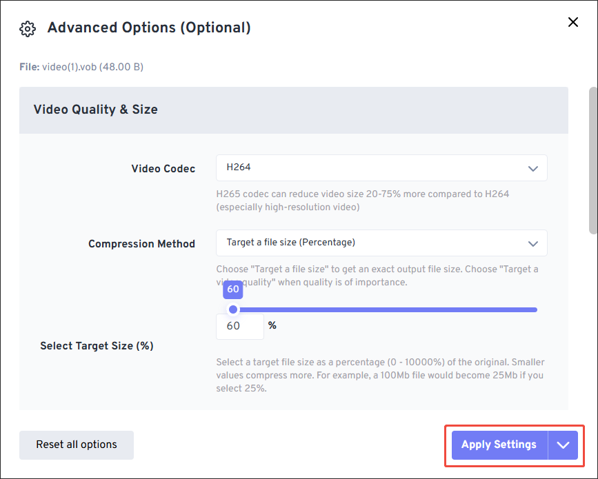 Click on Apply Settings in the Advanced Options window of FreeConvert to configure the compression settings