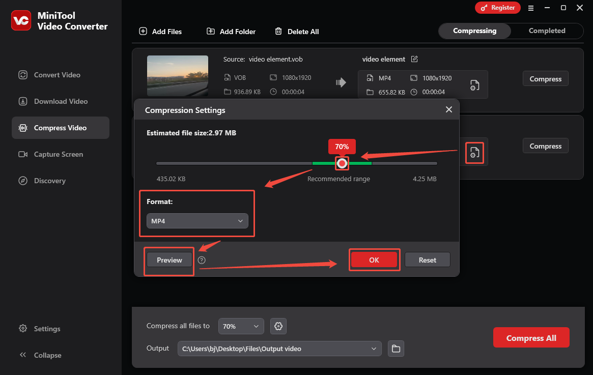 Configure the compression settings in the Compression Settings window of MiniTool Video Converter