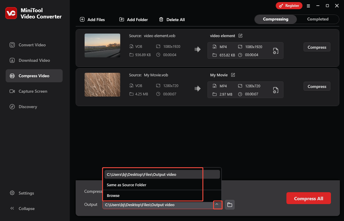 Expand the Output option in MiniTool Video Converter to choose an output location for the converted files