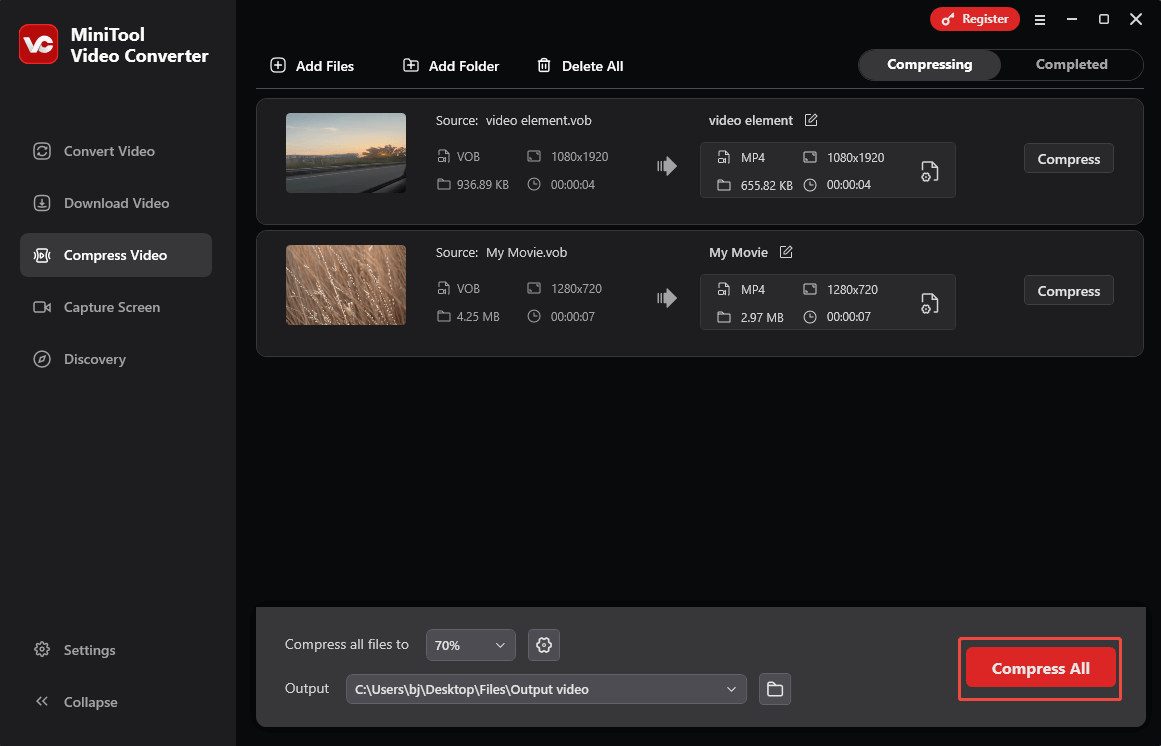 Click on Compress All in MiniTool Video Converter to begin the compression process