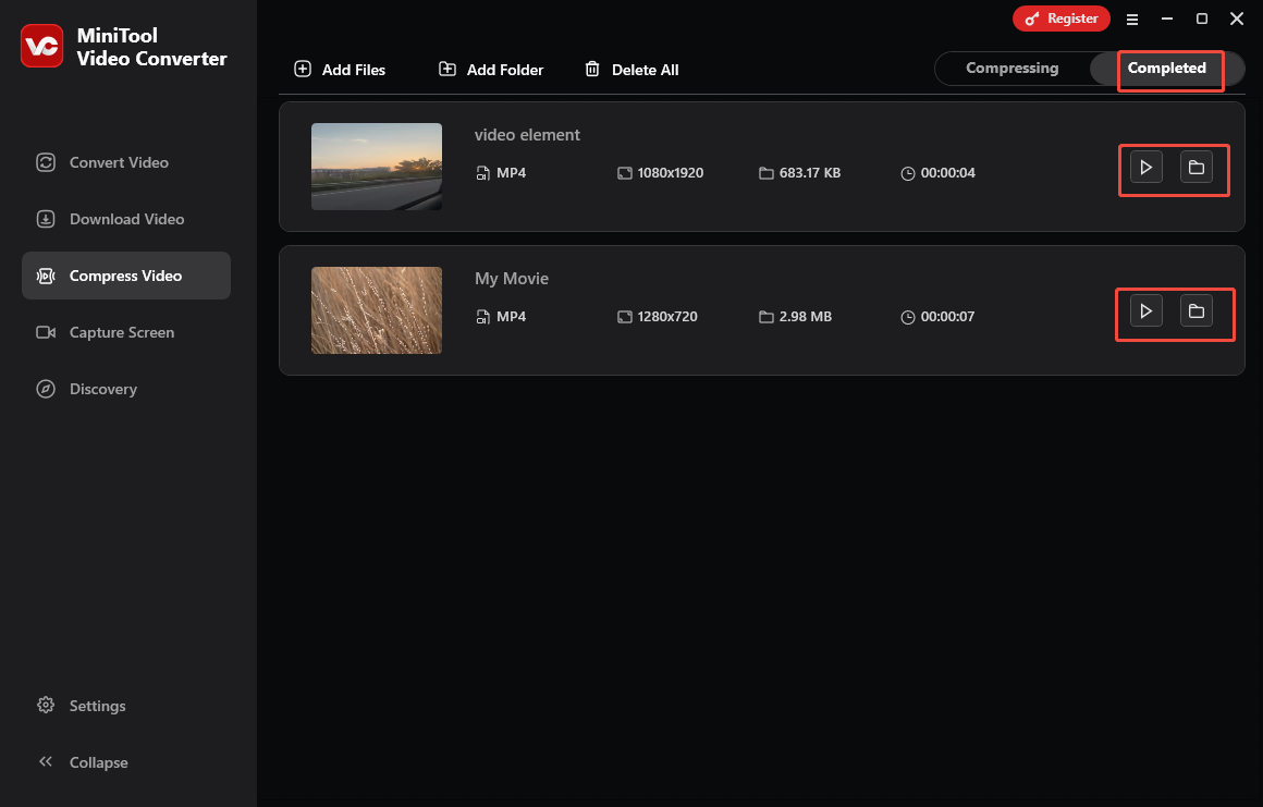 Click on the Folder icon or the Play icon in the Completed section of MiniTool Video Converter to locate or play the compressed videos