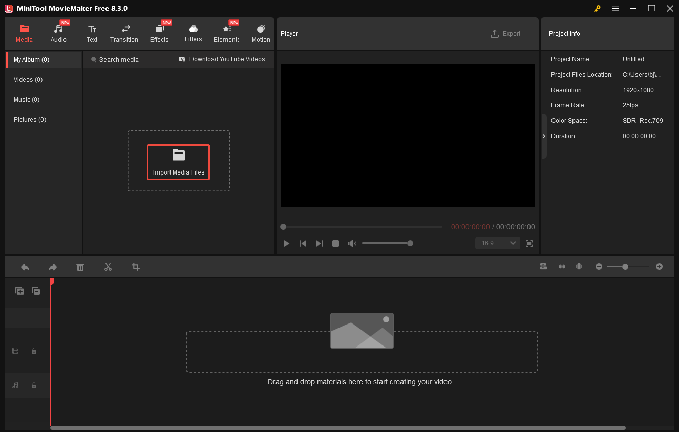 Click on Import Media Files in MiniTool MovieMaker to import your VOB video