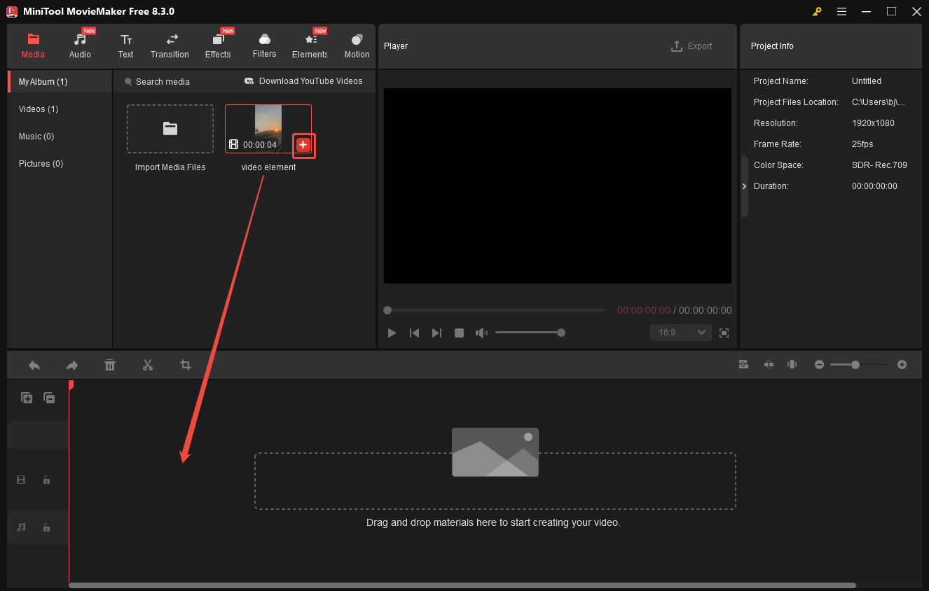 Add your VOB file to the timeline of MiniTool MovieMaker