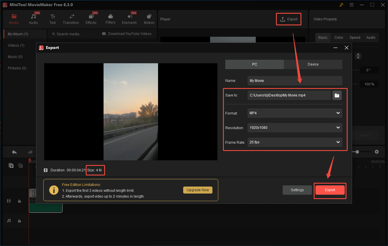 Specify the output settings in MiniTool MovieMaker and save the compressed video
