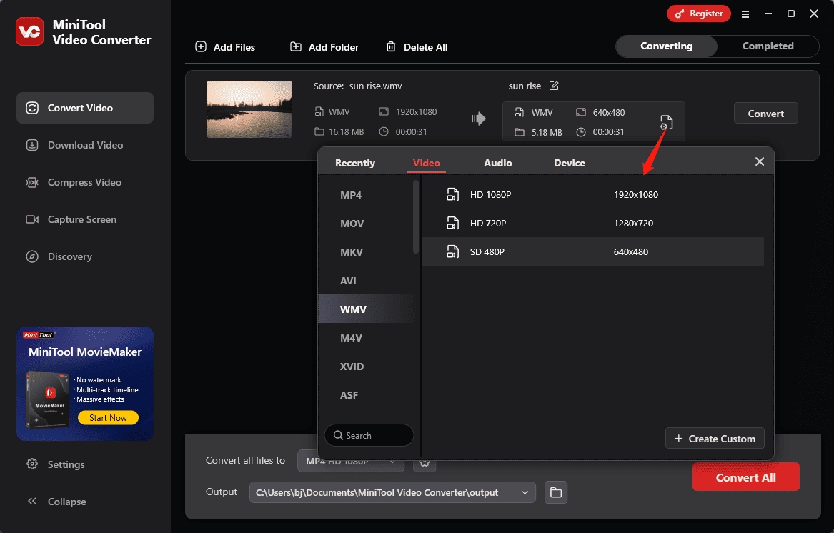 Select a low-resolution profile in MiniTool Video Converter