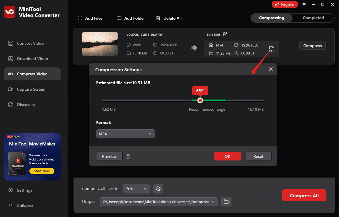 Customize compression settings in MiniTool Video Converter