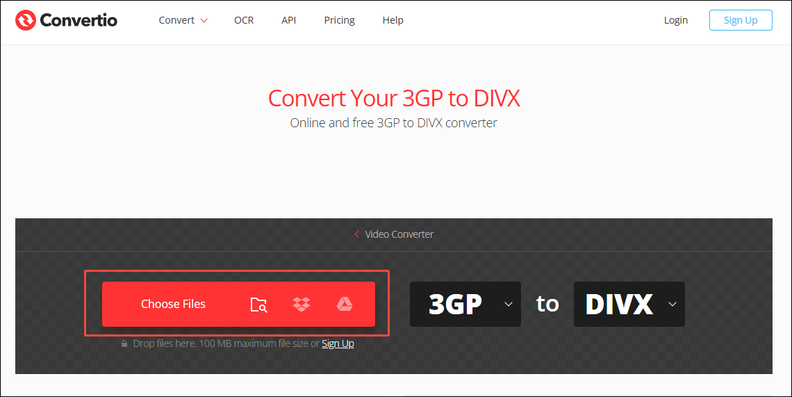 On the Convert 3GP to DivX page of Convertio, click Choose Files option to import the 3GP file