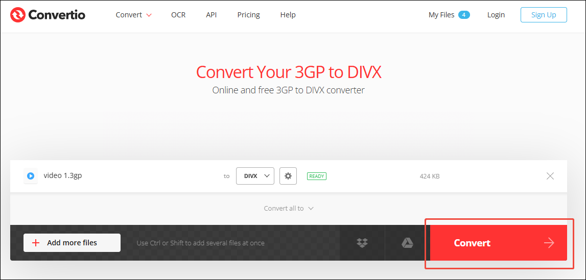 On the Convert 3GP to DivX page of Convertio, click the Convert button to start the conversion