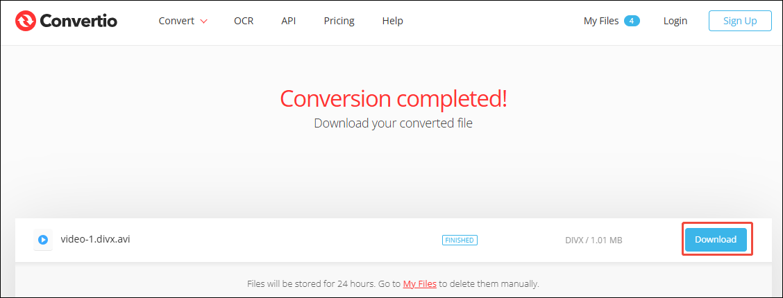 On the Convert 3GP to DivX page of Convertio, click the Download to download the converted file
