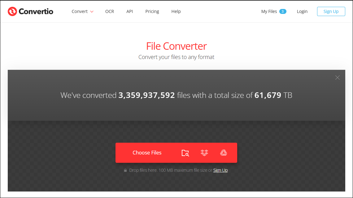 The homepage of Convertio