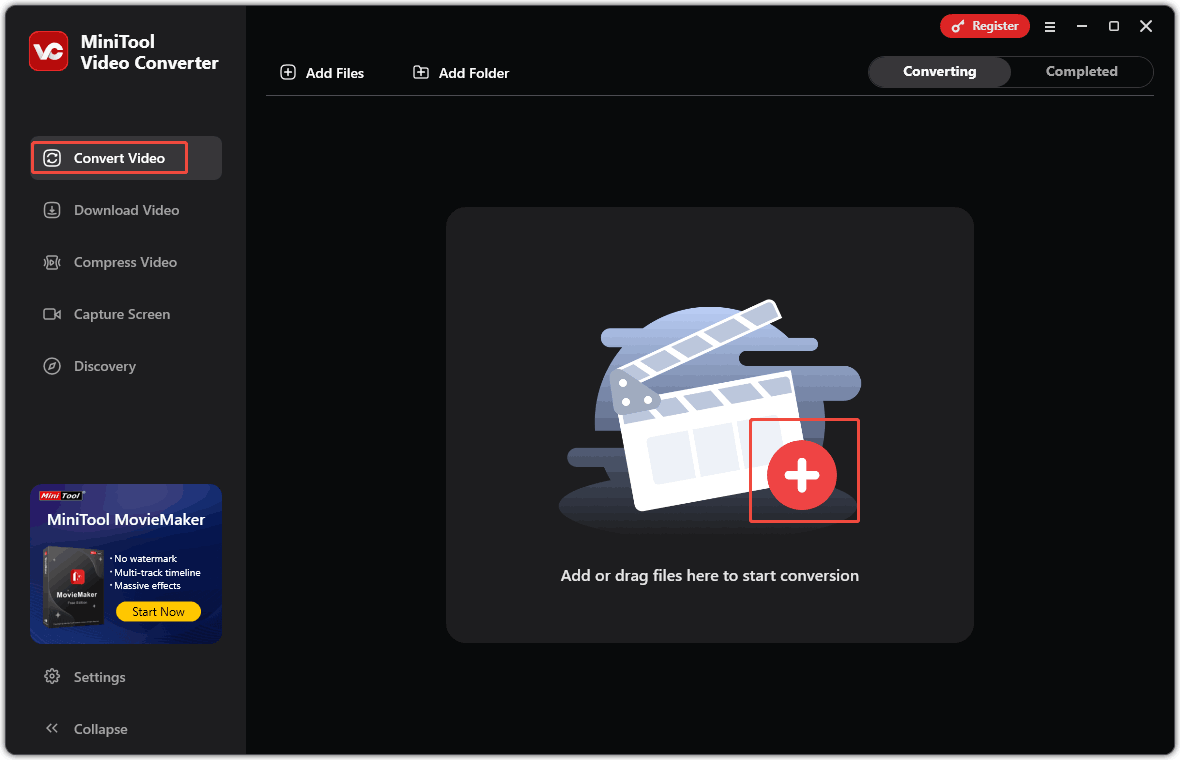 In MiniTool Video Converter’s Convert Video tab, click the plus icon to import the 3GP file