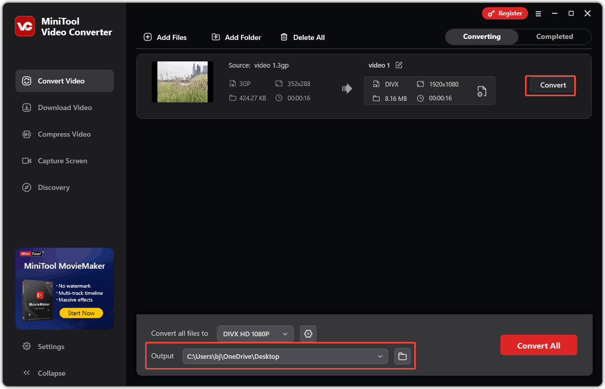 In MiniTool Video Converter, click on the Output option to set a save location and click the Convert button to start the conversion