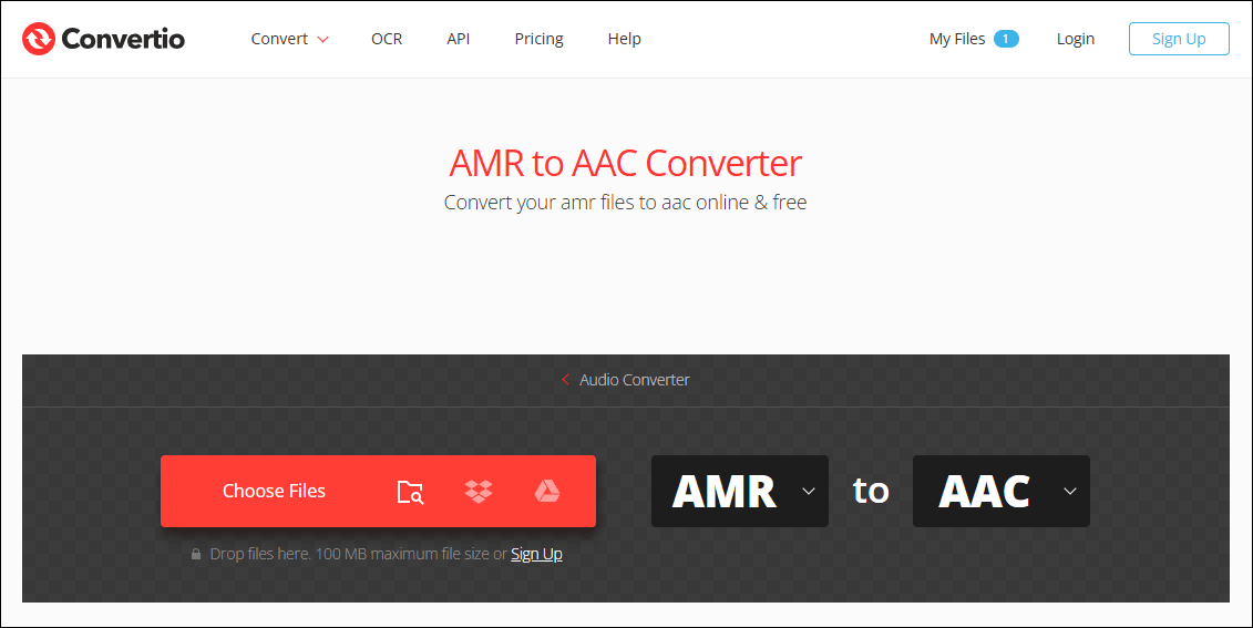 The Convertio’s homepage for converting AMR to AAC