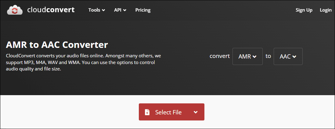 The CloudConvert’s homepage for converting AMR to AAC