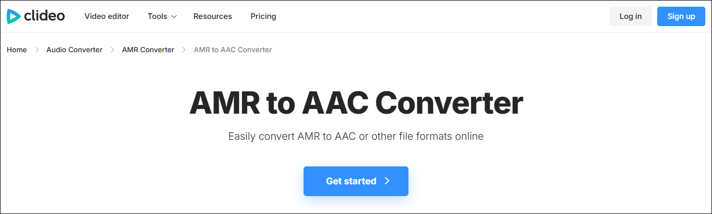 The Clideo’s homepage for converting AMR to AAC