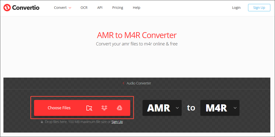Click on Choose Files in Convertio to import your AMR files