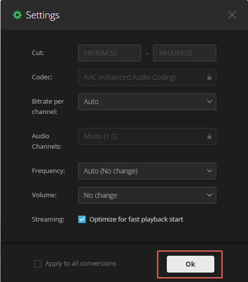 The Settings window of Convertio