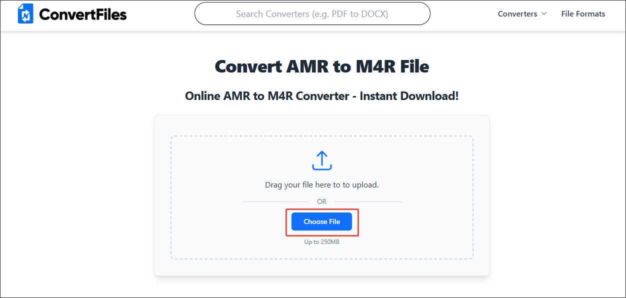 Click on Choose File in ConvertFiles to upload your AMR file