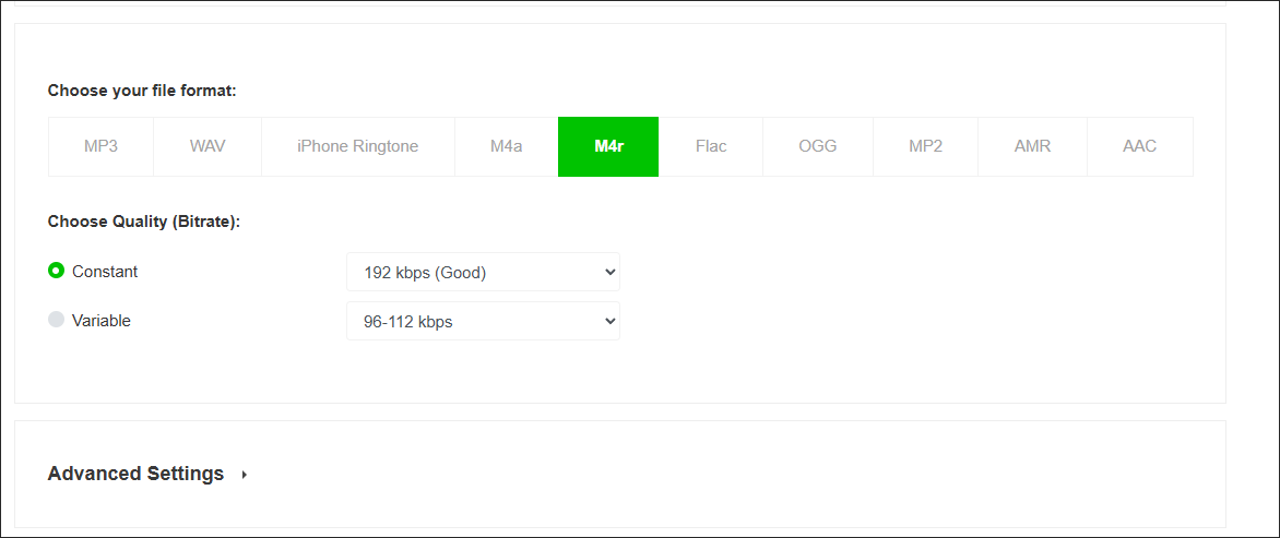 The conversion settings tab of mp3cutterpro.com