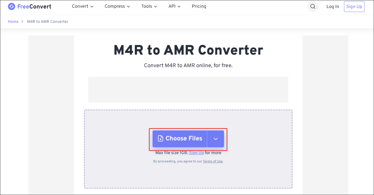 Click on Choose Files in FreeConvert to upload your M4R audio files
