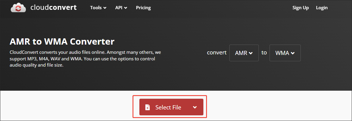 Click on Select File in CloudConvert to import your AMR files
