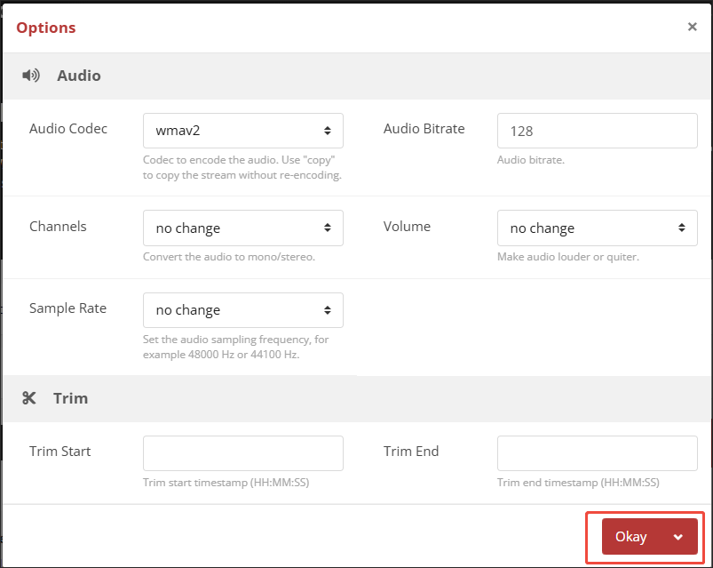 The Options window of CloudConvert