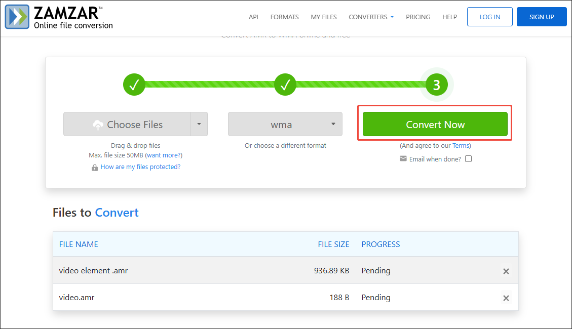 Click on Convert Now in Zamzar to start the conversion