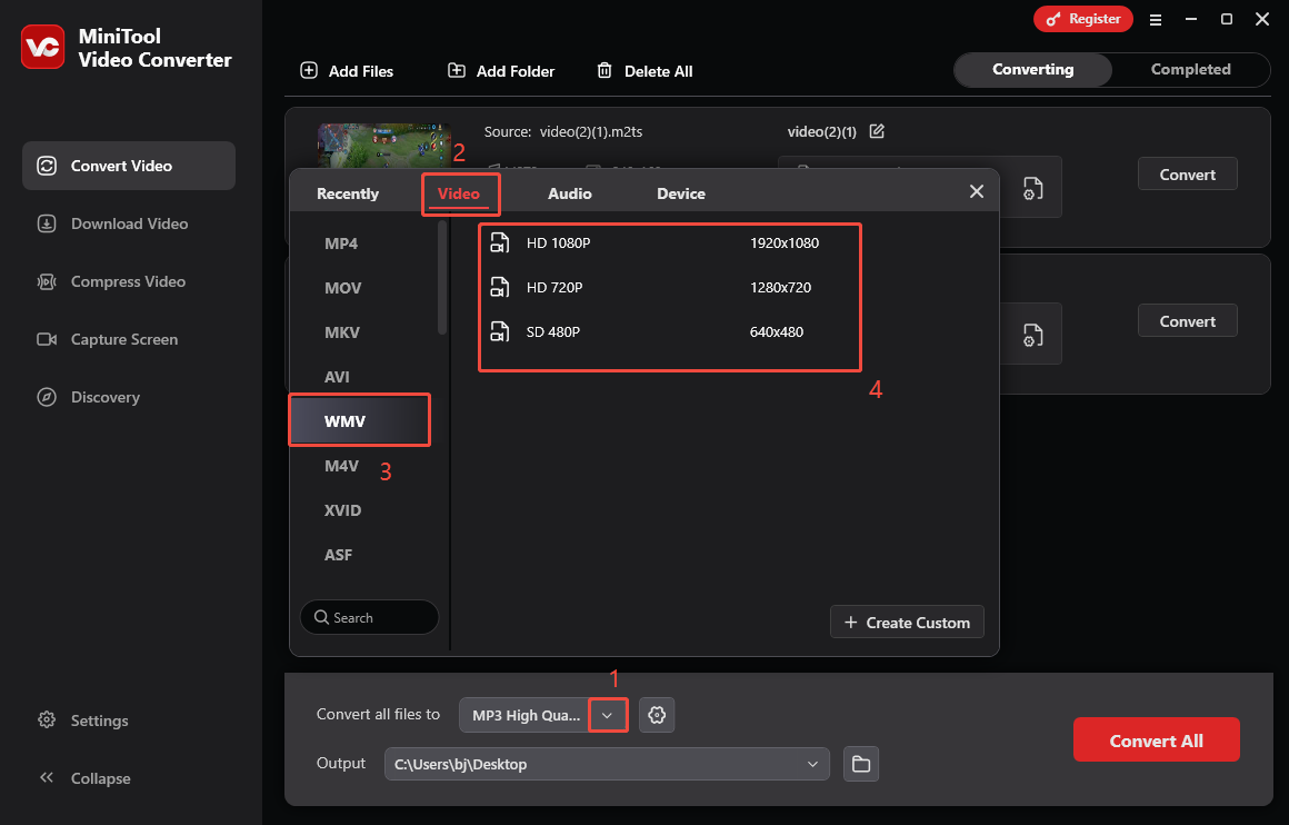 Expand the Convert all files to option in MiniTool Video Converter and choose WMV as the output format