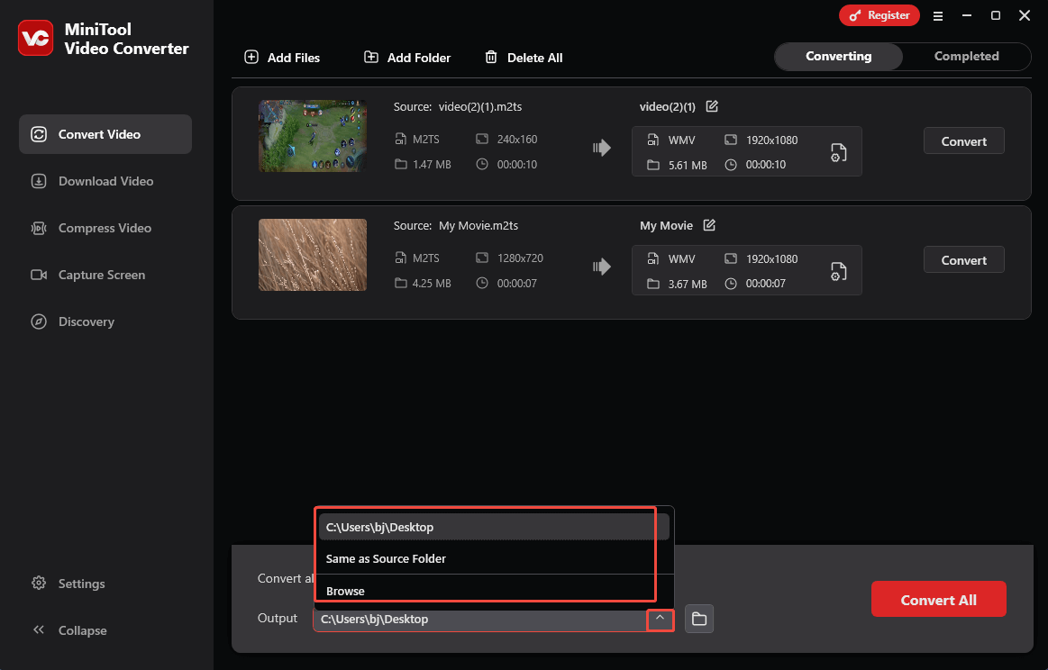 Expand the Output option in MiniTool Video Converter to choose a saving path for the converted files