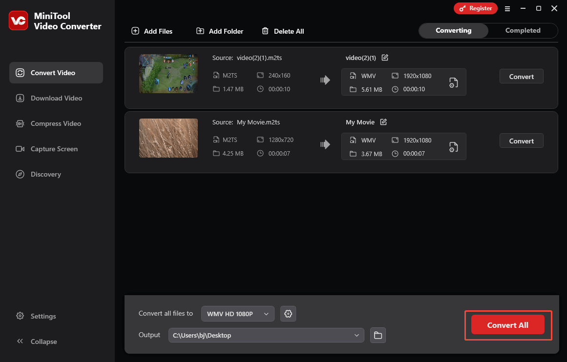 Click on Convert All in MiniTool Video Converter to begin conversion from AVCHD to WMV