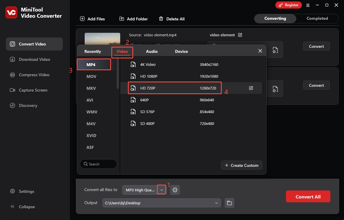 Expand the Convert all files option in MiniTool Video Converter and choose MP4 HD 720p as the output format
