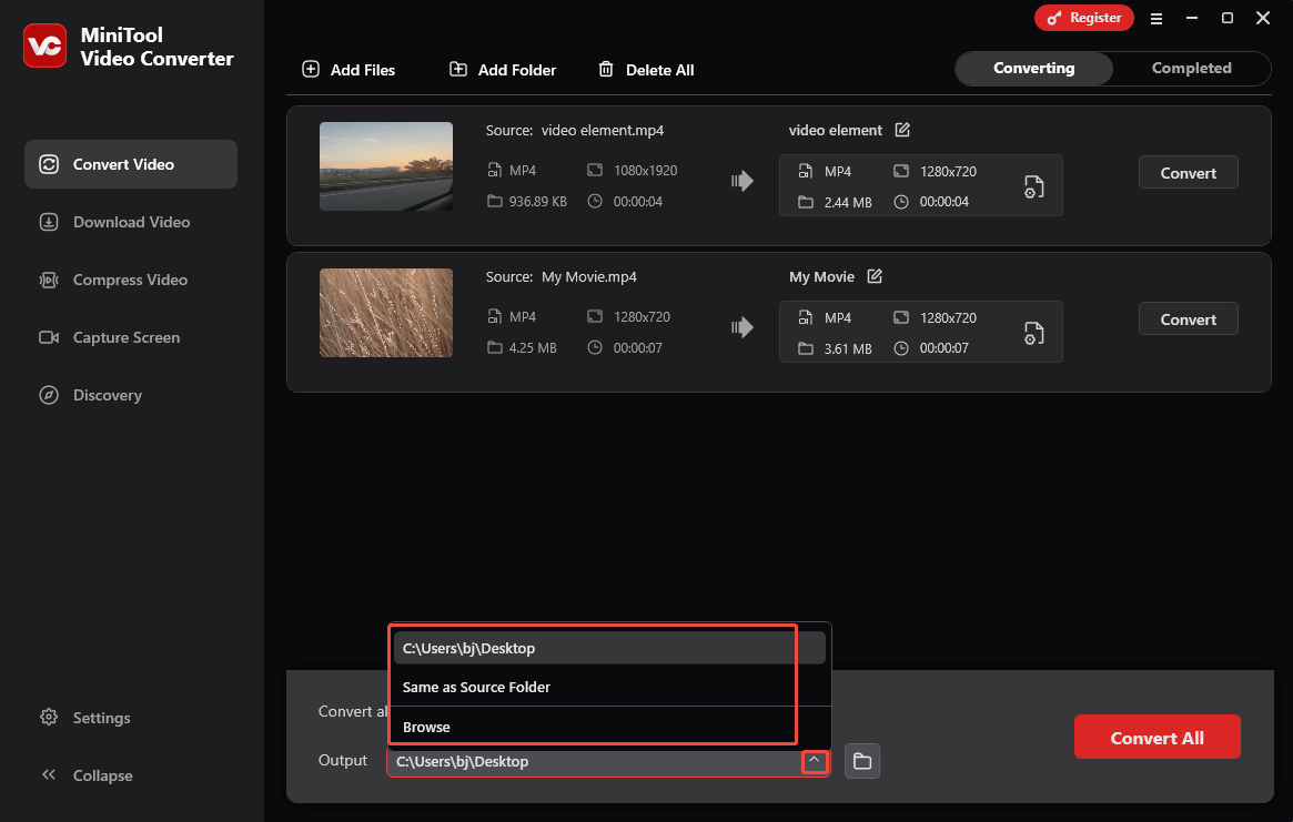 Expand the Output option in MiniTool Video Converter to choose a destination folder for the converted files