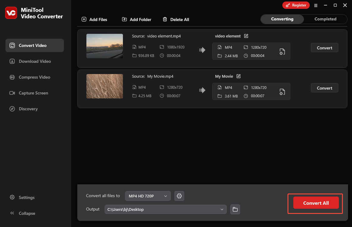 Click on Convert All in MiniTool Video Converter to begin the conversion process