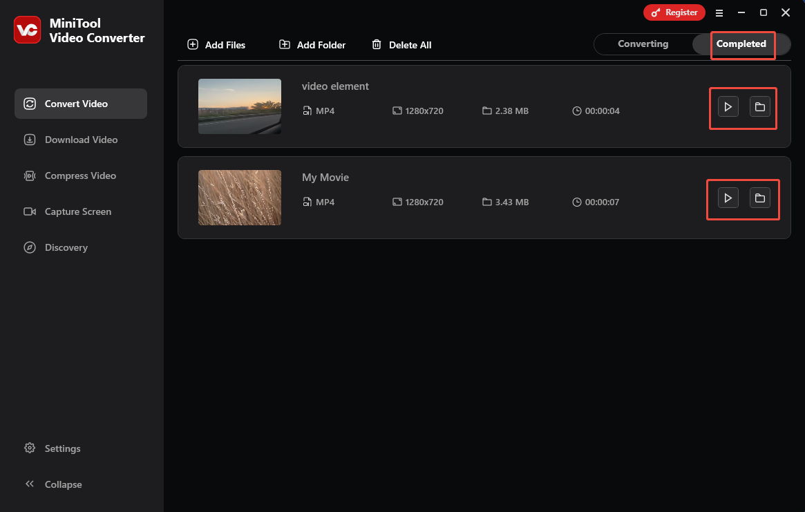 Click on the Folder icon or the Play icon in the Completed section of MiniTool Video Converter to locate or view the output files