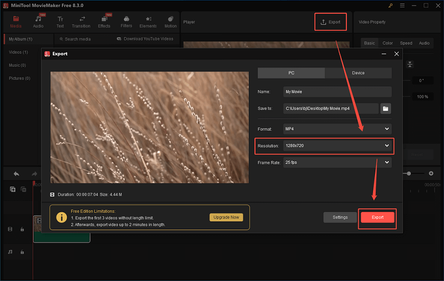 Configure the output settings in the Export window of MiniTool MovieMaker and click on Export to start conversion