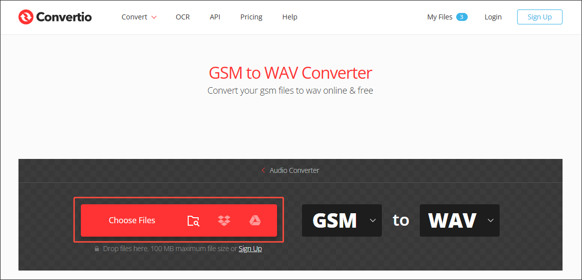 Click on Choose Files in Convertio to import your GSM files