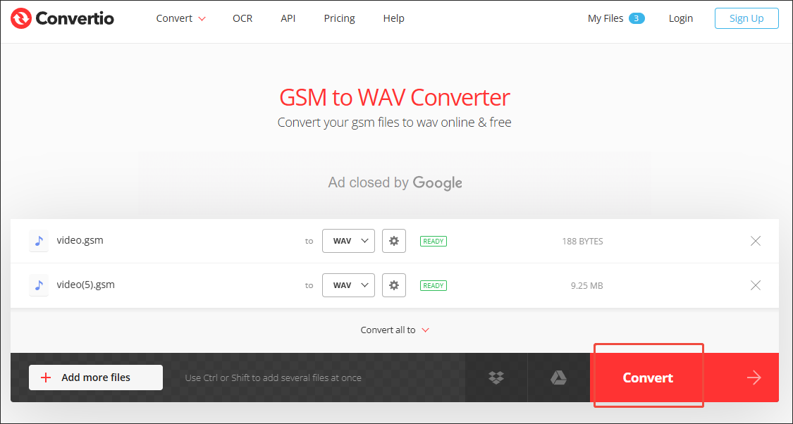 Click on Convert in Convertio to begin the conversion from GSM to WAV