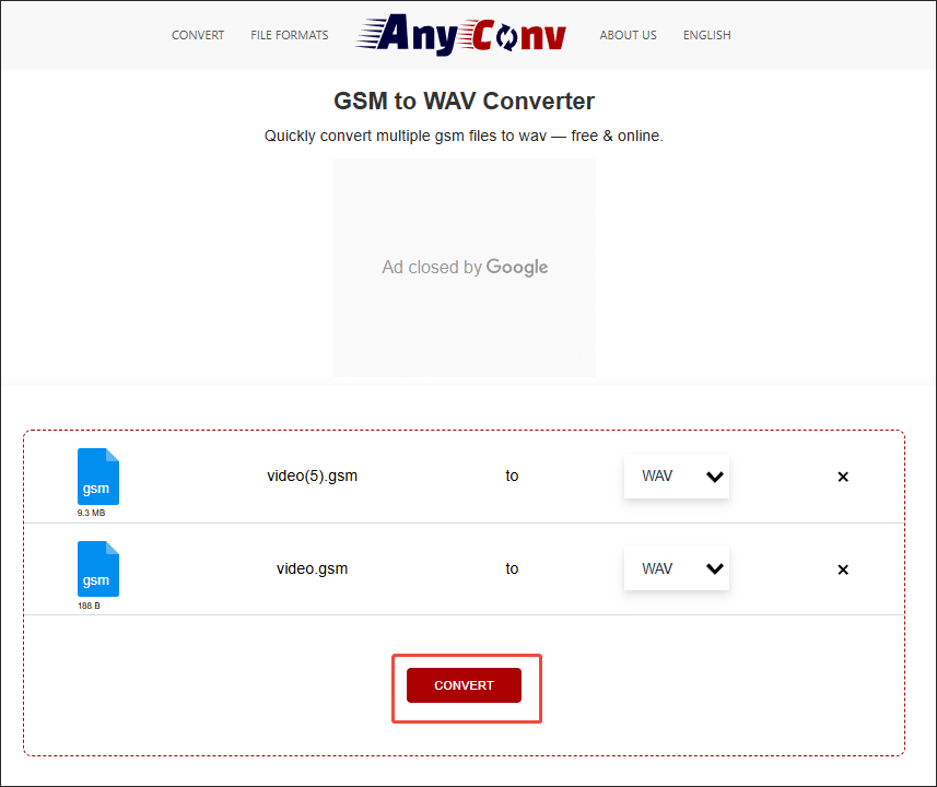 Click on the CONVERT button to begin the conversion from GSM to WAV